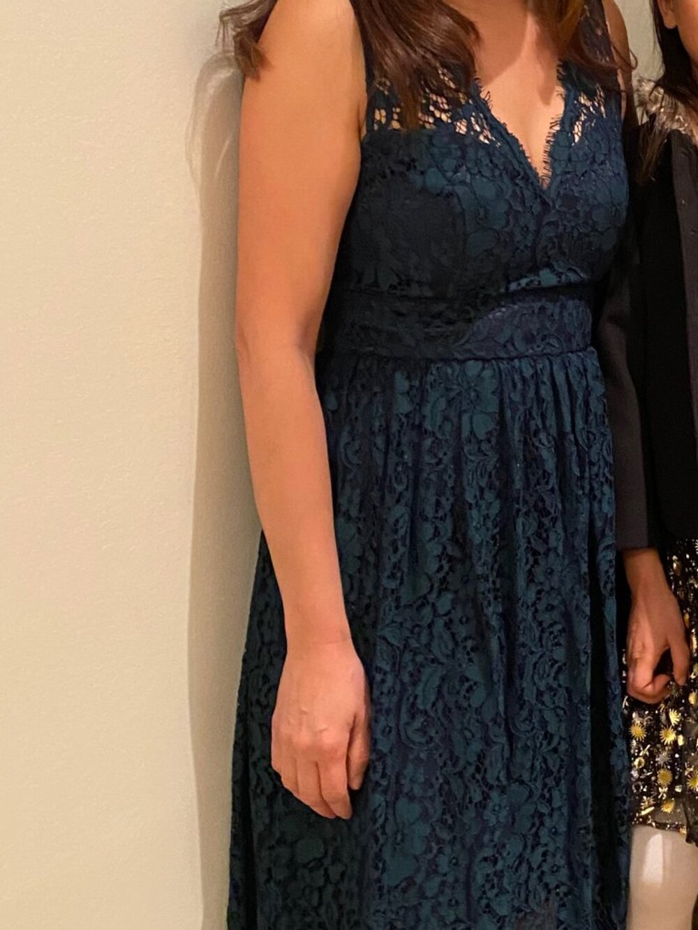 Eliza J Green & Navy Lace V-Neck Fit and Flare Dress Size 4P